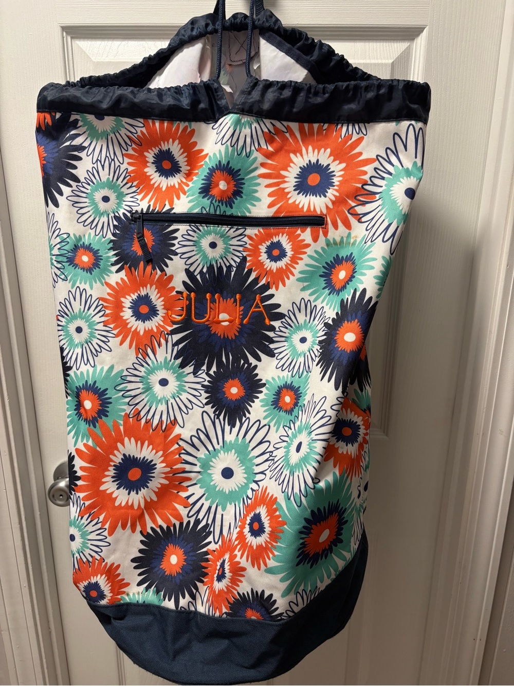 thirty-one Floral Tote Drawstring Bag - Navy, Orange, Teal, White